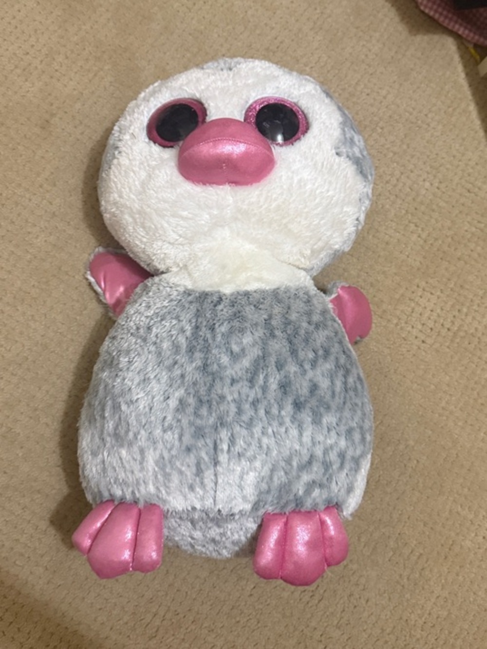 Plush Grey and White Penguin with Pink Accents - Soft Small Pet Toy